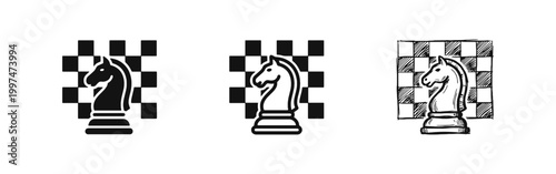 Chess Knight Piece with Checkered Board Background Icon Set