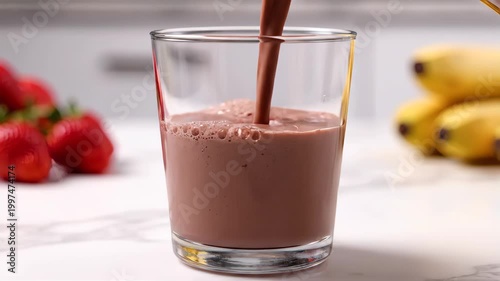 Protein shake being poured into a glass. Thick, smooth chocolate banana strawberry smoothie for a healthy breakfast. Fresh fruit in a kitchen setting