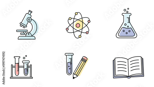 Science Icon Set: A collection of meticulously crafted icons showcasing key elements from the world of science and discovery. These icons represent essential tools and concepts.