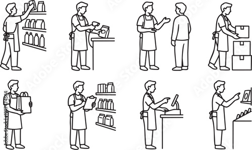 Supermarket Worker and Cashier Retail Service vector illustration set 