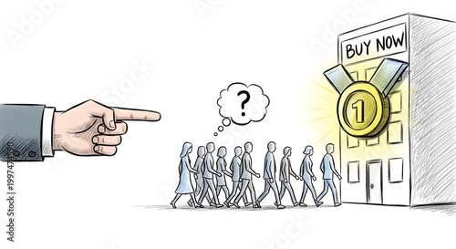 Customer Crowd Walking Toward Buy Now Store Directed by Business Hand Pointing — Consumer Behavior Concept