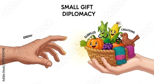 Conceptual Illustration of Small Gift Diplomacy with Two Hands One Reaching and One Holding Wicker Basket Full of Cartoon Vegetables Fruits and Handmade Items on White Background