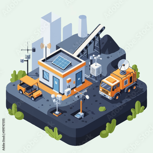 Isometric illustration of sustainable industrial site with solar panel and electric vehicles.