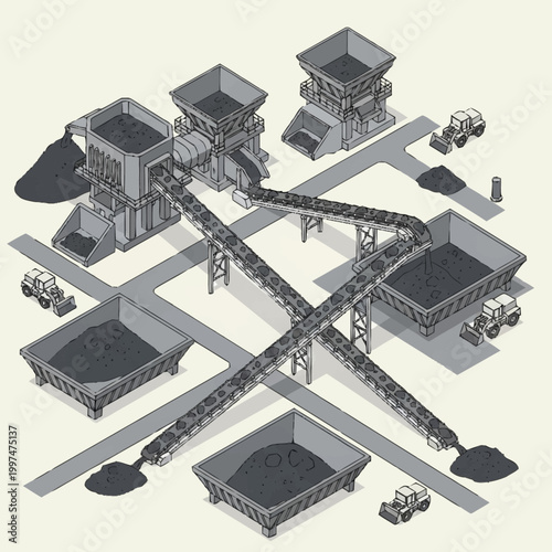Isometric illustration of industrial mining operations with conveyor belts and machinery.