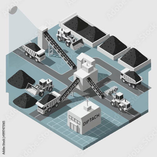 Isometric illustration of a coal mining operation with machinery and conveyor belts.