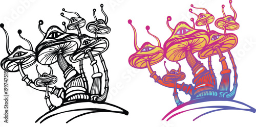 Surreal psychedelic mushroom cluster with mystical eyes in vibrant sunset gradient and black line art versions