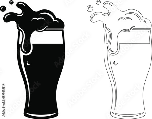 Vector beer illustration black and white pint glass with overflowing foam design