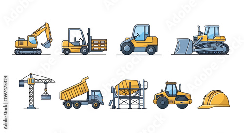 Construction vehicles and equipment icons.