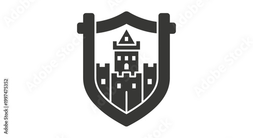 Black and white castle shield logo.