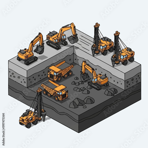 Isometric illustration of heavy construction equipment at a quarry site with excavators and trucks.