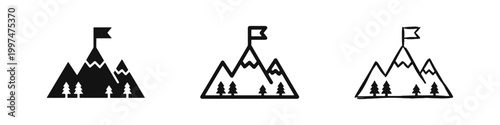 Mountain Peak with Success Flag Achievement Icon Set