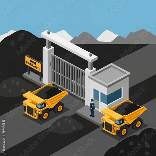 Industrial mining site with security gate.