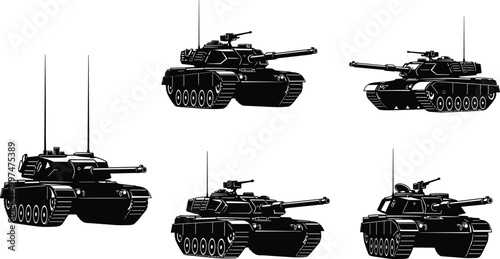 Military tank silhouettes set, armored vehicles collection isolated on white background, defense army war equipment concept illustration design