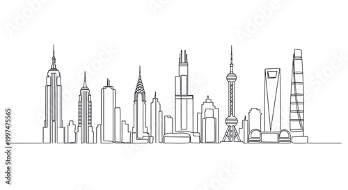 City skyline with tall buildings.