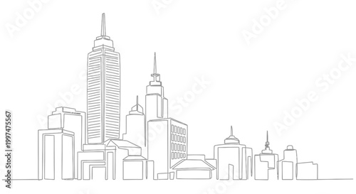 City skyline with tall buildings.