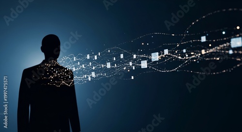 Male Business Silhouette Emitting Glowing Digital Data Stream with Floating Connected Nodes and Particles on Dark Navy Blue Background Representing Artificial Intelligence and Information Flow Concept