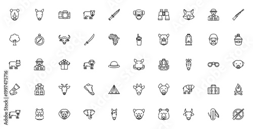 Safari icon set. Africa wildlife vector icons. Includes rhino, lion, elephant, giraffe, zebra, monkey, binoculars, camera, compass, backpack, tent and more. Editable stroke.