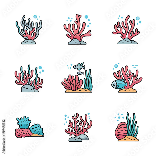 Coral reef ecosystem icons show marine life and colorful coral formations underwater