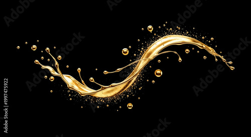 Luxury golden splash with sparkling particles and elegant drops on a solid black background, ideal for high-end product advertising and sophisticated design elements.