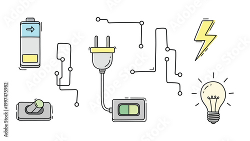 Energy Circuit Illustration: An illustrative representation of the components of energy generation and distribution, including a battery, a plug, a circuit, lightning bolt, and a lightbulb. 