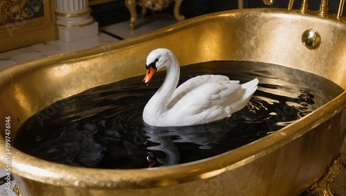 Surreal Image of a White Swan Swimming in a Golden Bathtub filled with Black Liquid