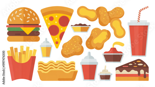 Colorful flat illustration of fast food items and drinks Vector