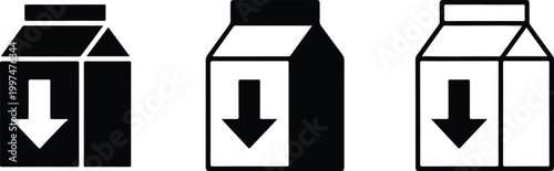Set of three black and white product box icons with down arrows representing delivery logistics packaging download and storage