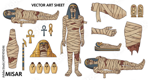 Mummies displayed in a vector art sheet featuring bandages.