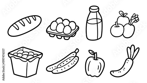 Flat line drawing of grocery items and fresh food assortment Vector