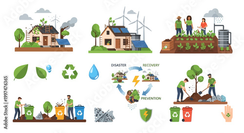 Environmental Protection and Sustainability Concept Illustration Set: Disaster Recovery, Green Energy, Recycling, and Community Gardening