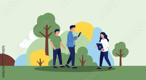 Modern Professionals Working with Laptops and Tablets in a Green Park. Outdoor Productivity, Remote Team Collaboration, and Digital Lifestyle Illustration.