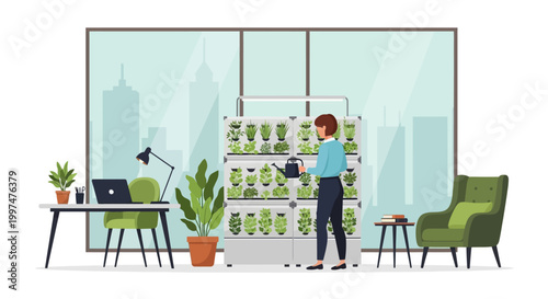 Woman Tending Indoor Vertical Garden in Modern Urban Office Environment