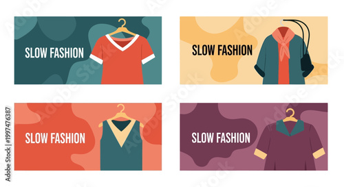 Slow Fashion Banners Set featuring sustainable clothing on hangers. Eco-friendly, ethical wardrobe concept illustrations for conscious consumerism campaigns.