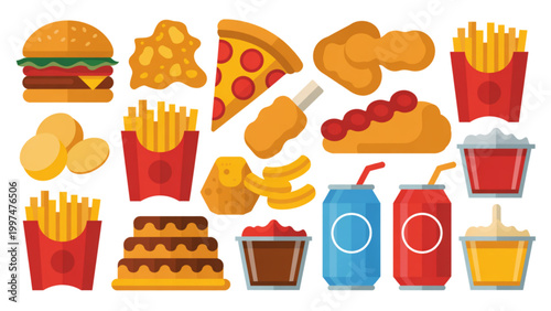 Colorful set of fast food icons including burgers, fries, drinks, and donuts Vector