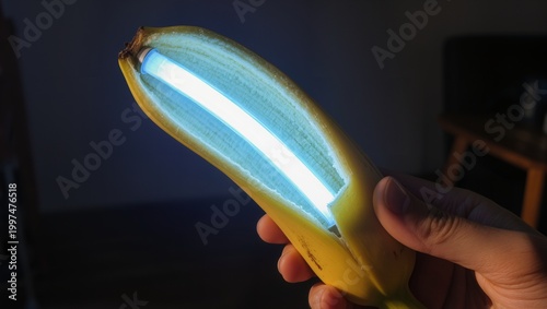 Surreal Concept of a Banana Glowing with Bright UV Blue Light Inside the Peel