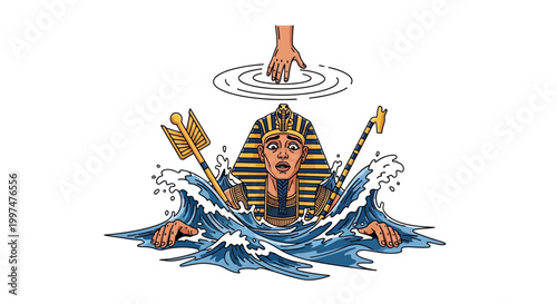 Pharaoh drowning in blue ocean water with an outstretched human hand.