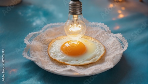 Close-up of a Fried Egg with a Glowing Light Bulb Filaments Inside the Yolk