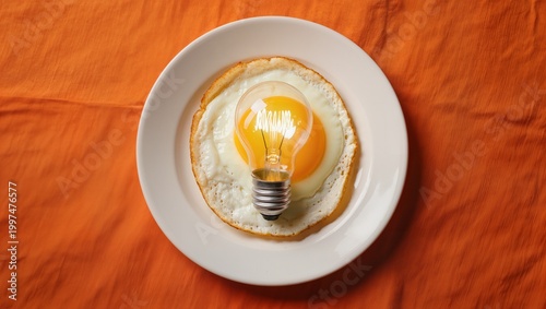 Surreal Concept of a Fried Egg with a Glowing Light Bulb as the Yolk