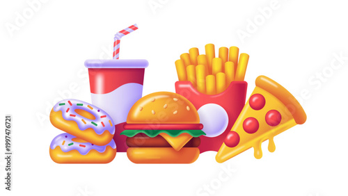 Colorful fast food meal with burger, fries, drink, and nuggets on a flat lay Vector