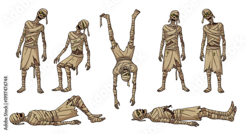Mummy figures demonstrate a collection of various poses and movements.