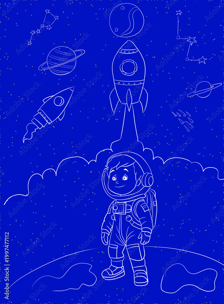 Fototapeta premium Cute Child Astronaut Standing on Planet with Rocket and Stars — Blue Space Night Scene Illustration
