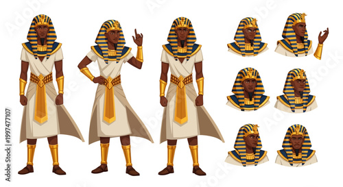 Pharaoh stands in royal garments alongside various head portraits shown.