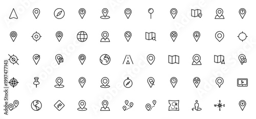 Maps and Locations icon set. Vector navigation symbols including pin, compass, GPS, globe, map, distance, and placeholder. Editable stroke.