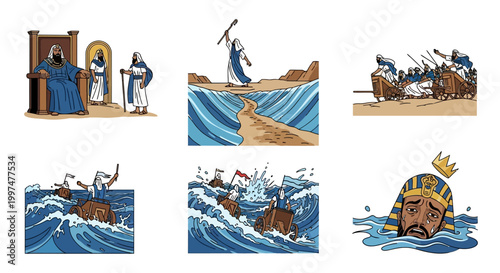 Moses parts the sea while the army of the pharaoh struggles in deep.