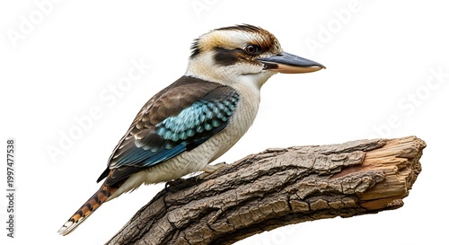 Kookaburra bird perched on branch white background detailed portrait Australian wildlife songbird.