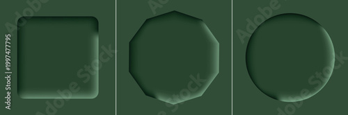 Fotografie A collection of three geometric shapes including a square an octagon and a circle all featuring a recessed inner shadow effect