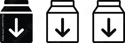 Set of three black and white product box icons with down arrows representing delivery logistics packaging download and storage