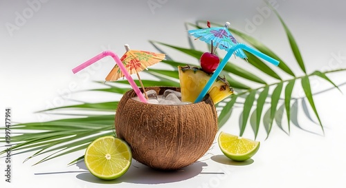 A fresh coconut cocktail with ice, pineapple, lime slices, and colorful straws for a party.