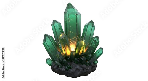 Glowing green crystal cluster with fractured texture and bright yellow light on black base.
