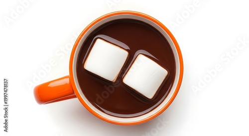 Overhead view of hot chocolate in orange mug with two white marshmallows floating on top.